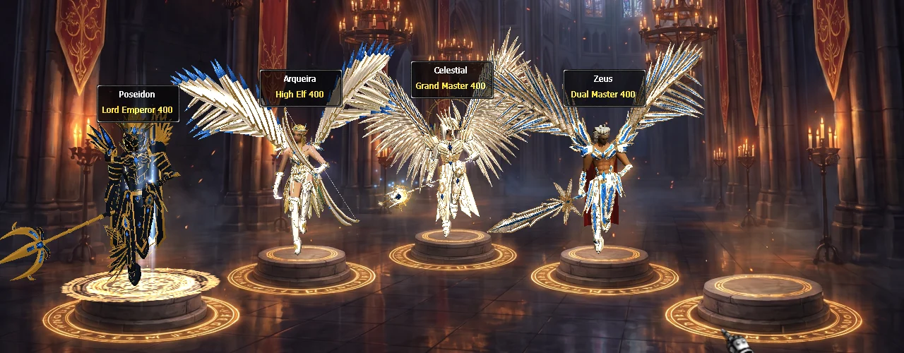 Poseidon, Arqueira da Lua, Celestial e Zeus vestidos no salão de seleção de personagem